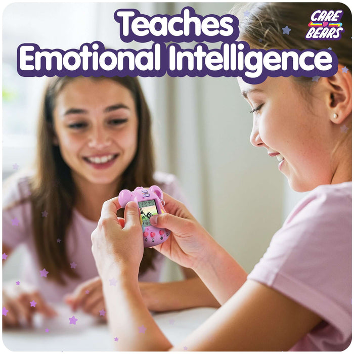 Two girls enjoying a Care Bears digital pet, learning about emotional intelligence with Cheer Bear.