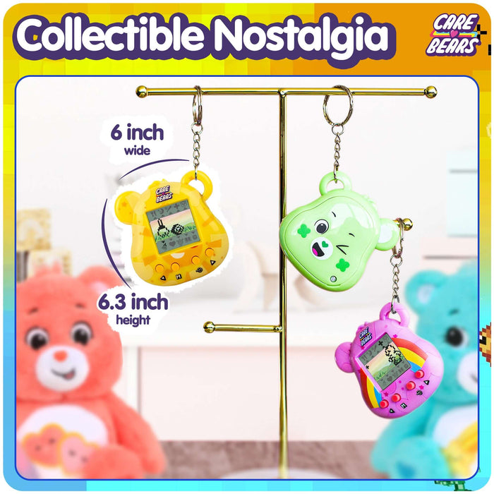 Collectible Care Bears digital pets displayed on a stand, featuring Funshine Bear and vibrant colors for nostalgic fun.