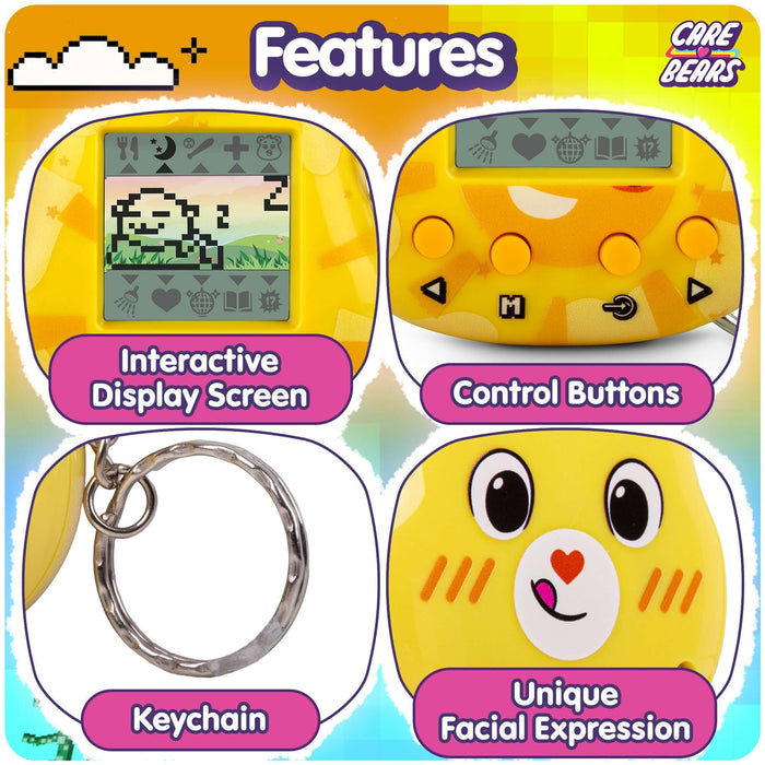 Features of Funshine Bear Digital Pet: interactive display, control buttons, keychain, unique facial expression.