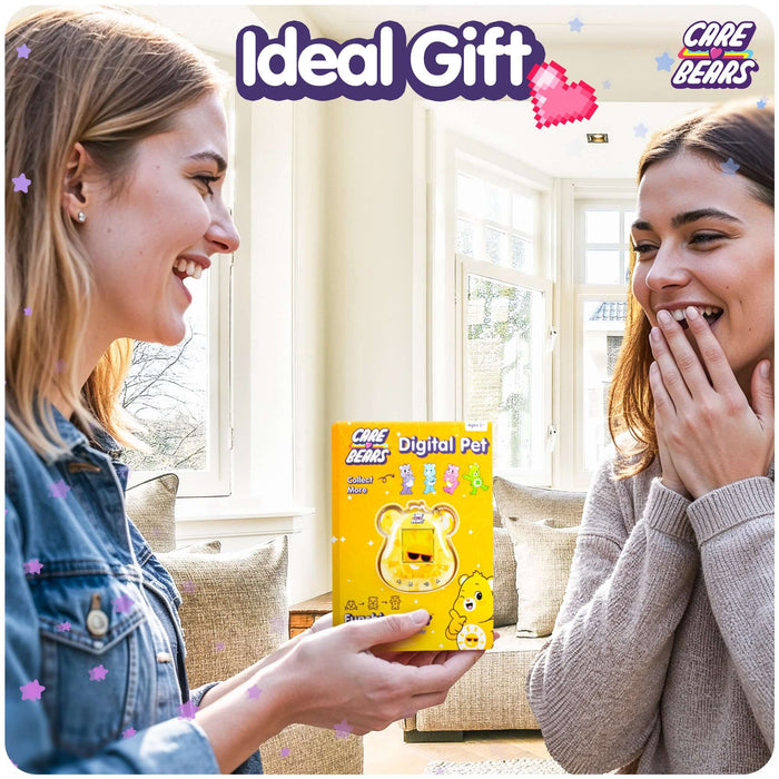 Two friends excitedly sharing the Care Bears Digital Pet as the ideal gift featuring Funshine Bear.