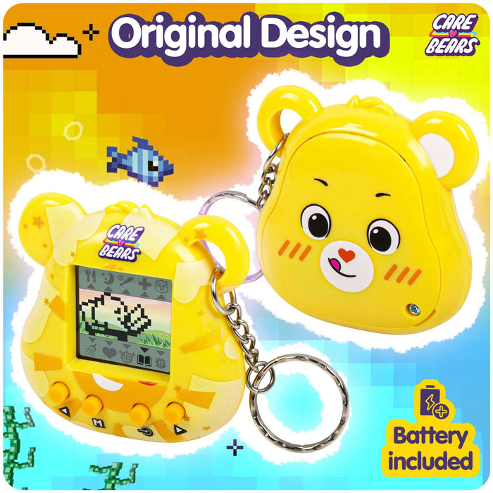 Funshine Bear digital pet in bright yellow design with LCD screen and keychain, featuring original Care Bears branding.