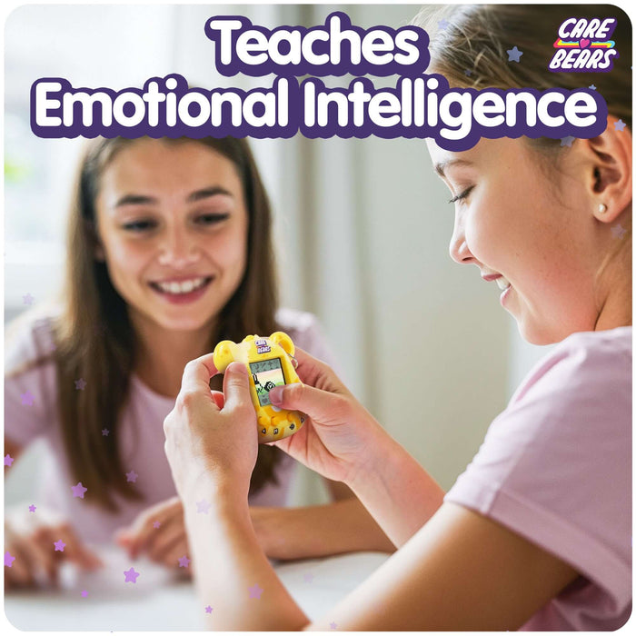 Two girls play with Funshine Bear digital pet, learning emotional intelligence together.