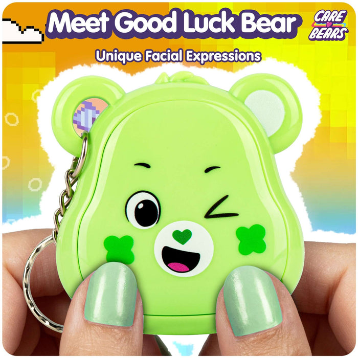 Meet Good Luck Bear, a green Care Bears Digital Pet with unique facial expressions and a fun keychain design.