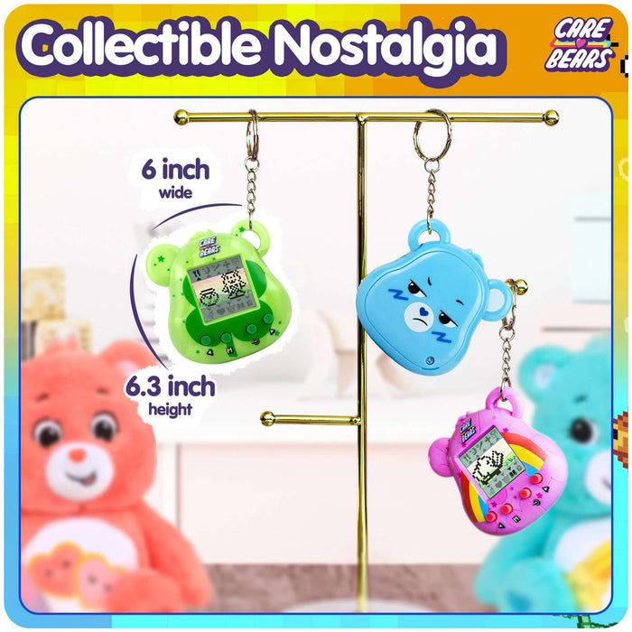 Care Bears Digital Pets on a display, showcasing Good Luck Bear and two collectible keychains, 6 inch and 6.3 inch sizes.