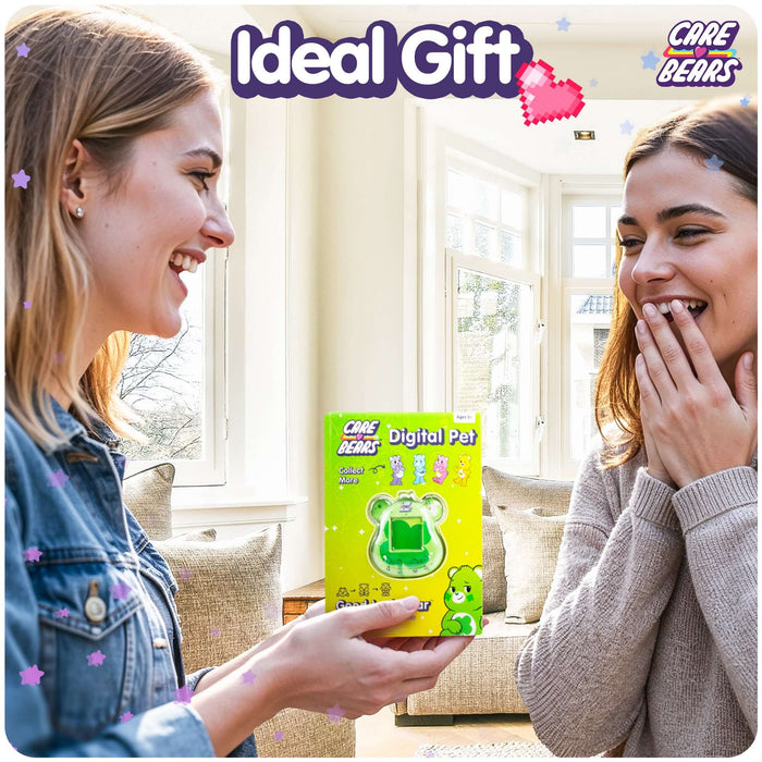 Two women joyfully exchanging the Care Bears Digital Pet, an ideal gift. Bright room setting with cheerful expressions.