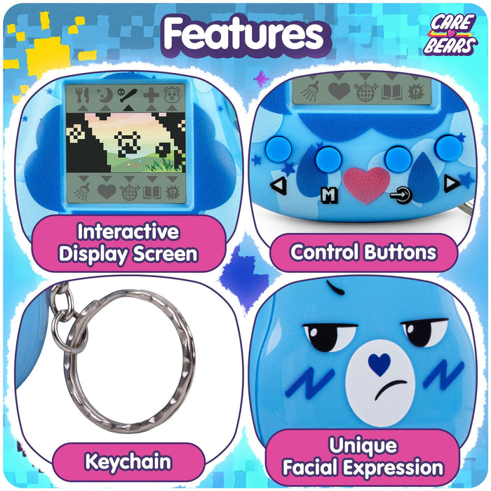 Features of Grumpy Bear Digital Pet: interactive display, control buttons, keychain, and unique facial expression.