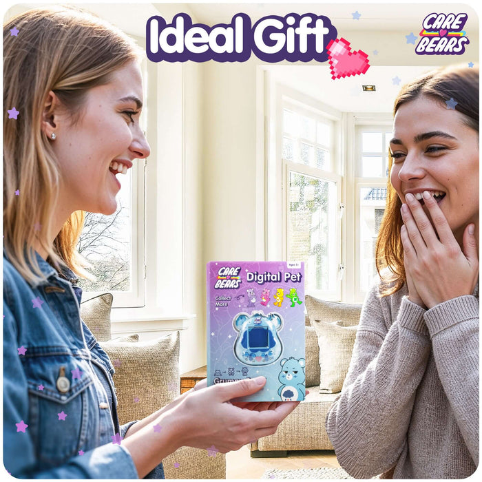 Two friends joyfully exchanging the Care Bears Digital Pet featuring Grumpy Bear, showcasing it as an ideal gift.