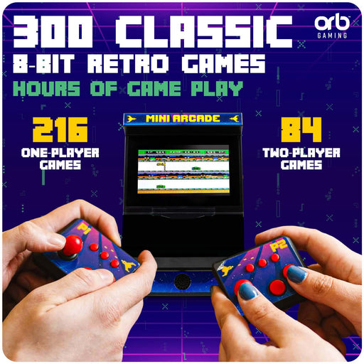 Orb Retro Mini Arcade Machine featuring 300 classic 8-bit games with two players enjoying wireless controllers.