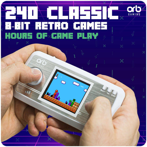 Retro Mini Handheld Games Console with 240 classic 8-bit games for hours of play on the go.