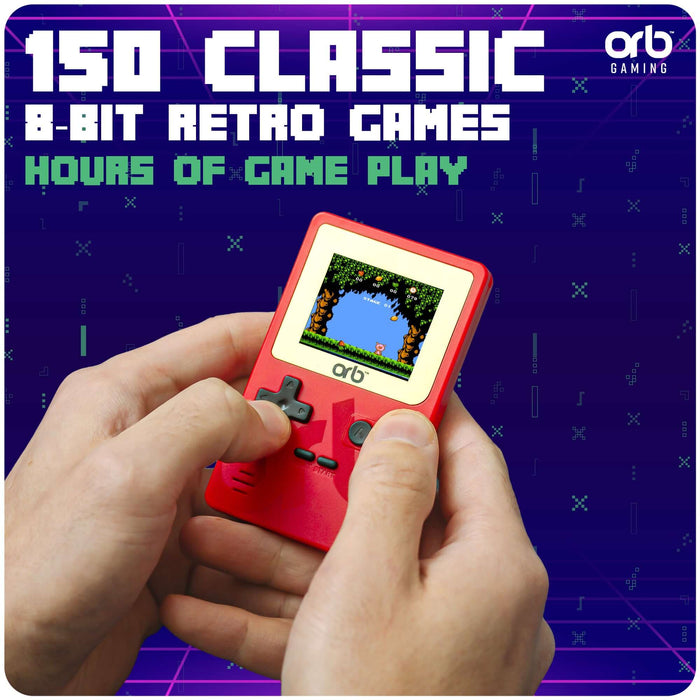 Person holding the Orb Retro Mini Handheld Games Console featuring 150 classic 8-bit games in vibrant color.