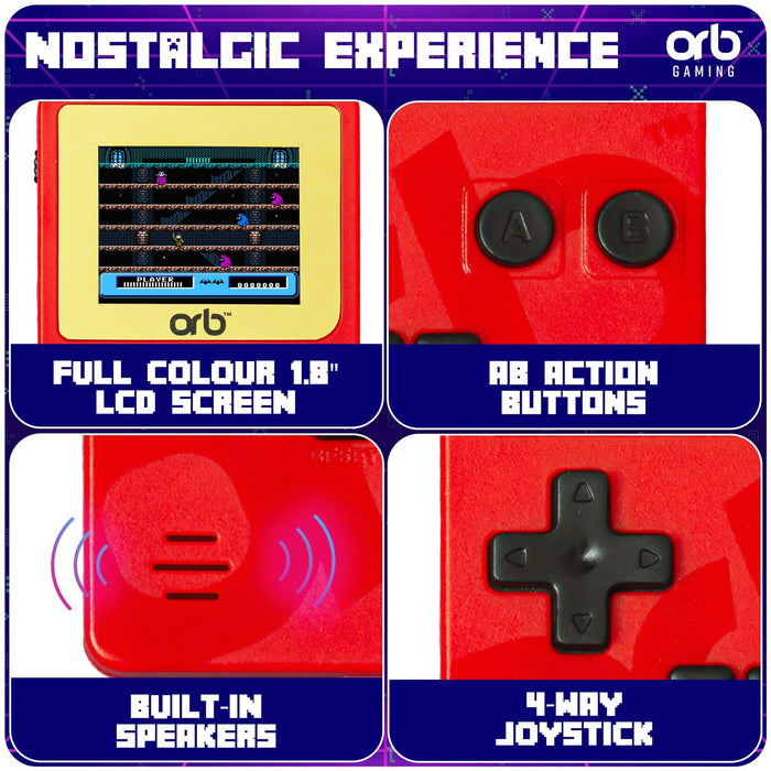 Orb Retro Mini Handheld Games Console with 1.8-inch LCD screen, AB action buttons, built-in speakers, and 4-way joystick.