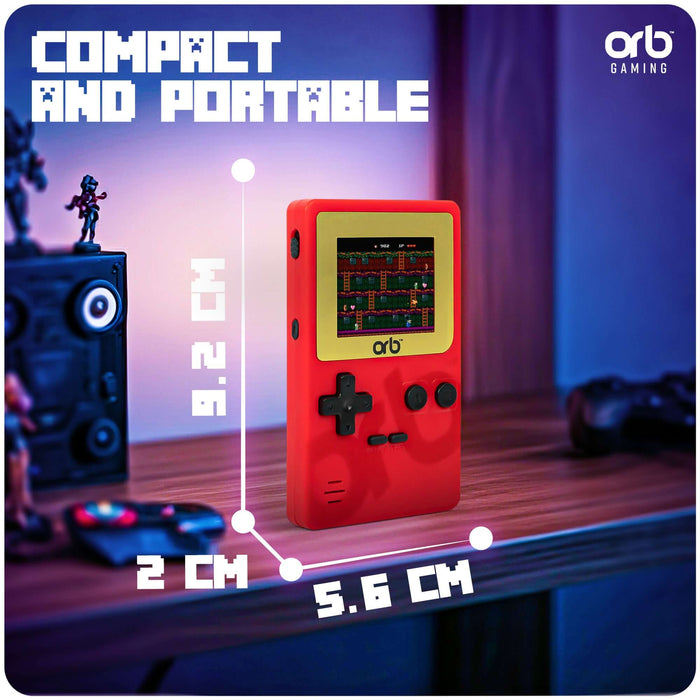 Retro Mini Handheld Games Console in red, showcasing its compact size with dimensions on display.