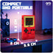 Retro Mini Handheld Games Console in red, showcasing its compact size with dimensions on display.