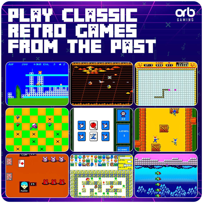 Orb Retro Mini Handheld Games Console showcasing classic 8-bit games from the past.