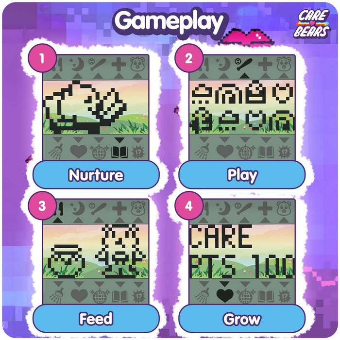 Care Bears gameplay showcasing nurturing, feeding, playing, and growing with Share Bear digital pet.