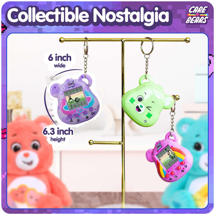 Care Bears collectible digital pets display, featuring Share Bear and another character on a stand.