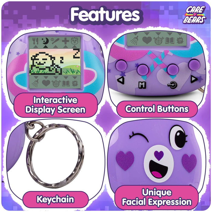 Features of Share Bear digital pet: interactive display, control buttons, keychain, and unique facial expression.