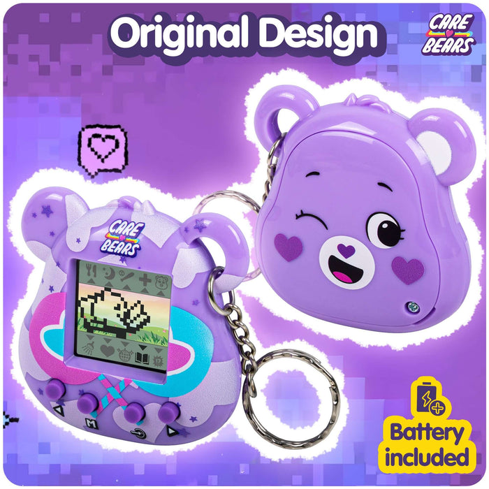 Share Bear digital pet toy with interactive screen and keychain in purple color, includes battery, Care Bears original design.