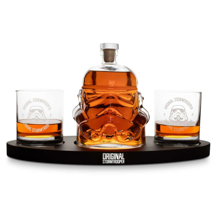 Original Stormtrooper 3D Helmet Decanter Set with Tray, 750ml decanter and two glasses with helmet print on black tray with soft cup grips