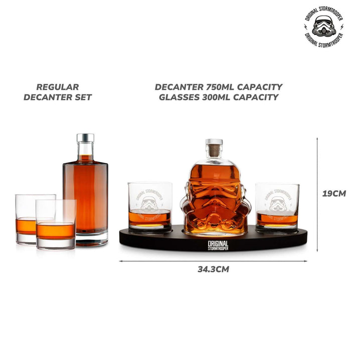 Original Stormtrooper 3D Helmet Decanter Set with Tray, including 750ml helmet-shaped decanter and two 300ml glasses on black tray.