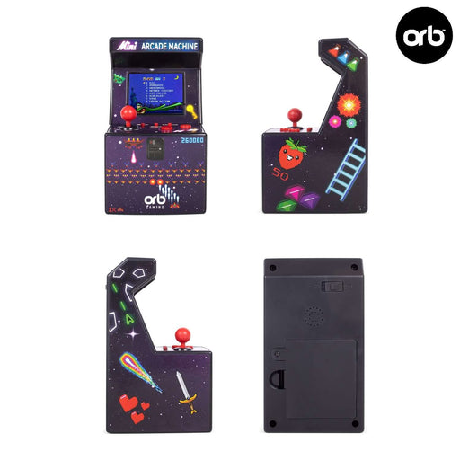 Orb Retro Mini Arcade Machine with 240 classic 8-bit games, showcasing front, side, and back views for portable gaming experience.