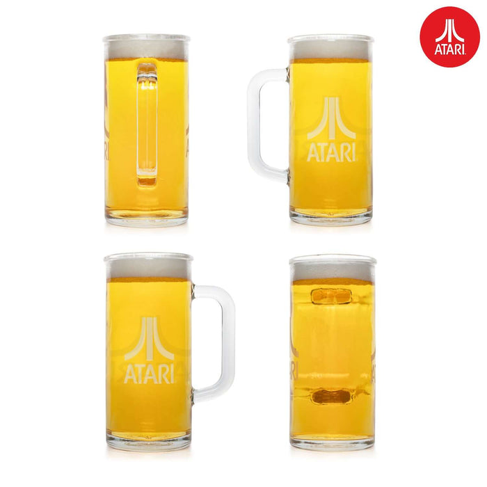 Official Atari Beer Glass - 1 Pint / 600ml with unique 3D Atari emblem design and handle, shown in four different angles