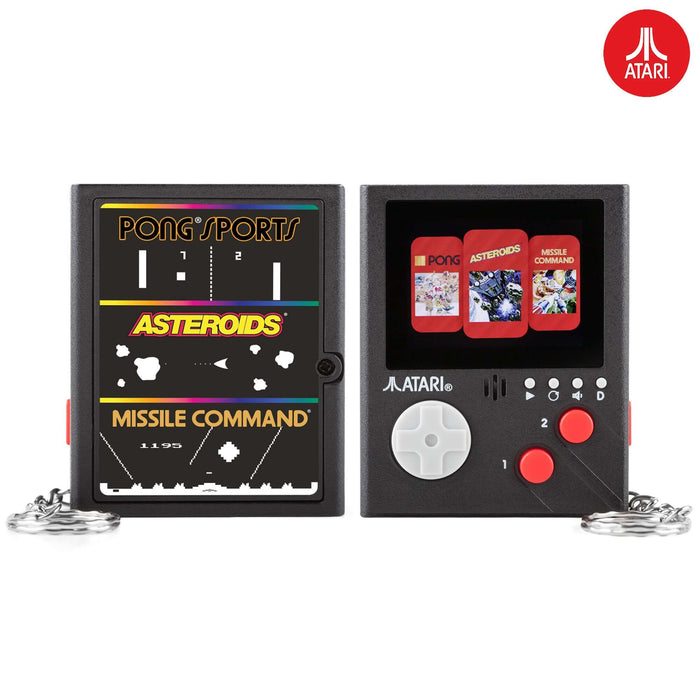 Official Atari Cartridge Console with 3 games: Pong, Asteroids, Missile Command. Portable Atari handheld console with keyring attachment.