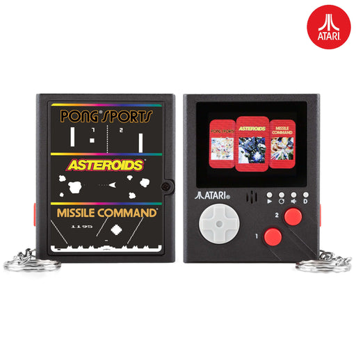 Atari handheld console with Pong, Asteroids, and Missile Command games display, featuring keyring attachment.