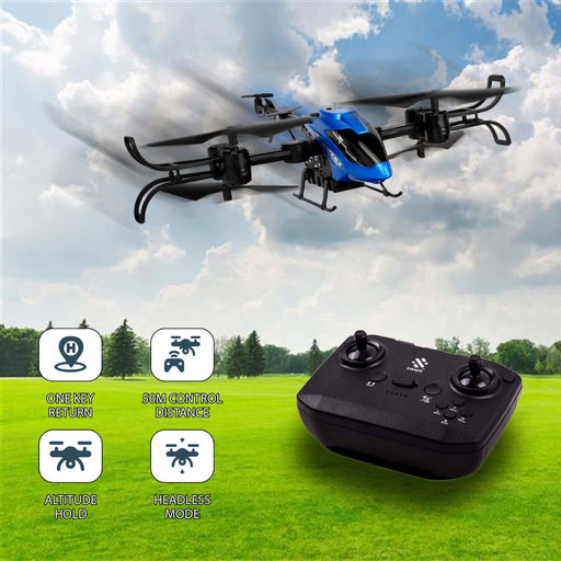 Air Chopper Drone in flight with remote control and icons for features like altitude hold and one key return.
