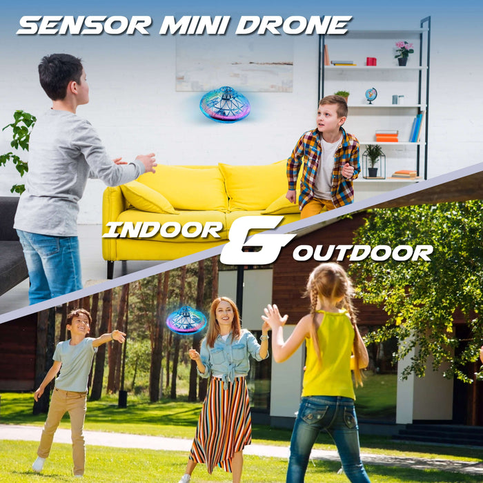 Kids enjoying the Sensor Mini Drone indoors and outdoors, showcasing hand-controlled flying fun.