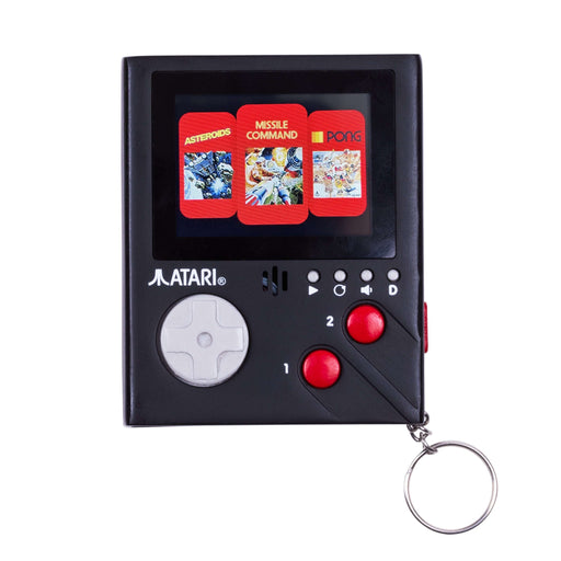Official Atari Cartridge Console with LCD screen displaying Pong, Asteroids, and Missile Command. Portable design with a keyring attachment.