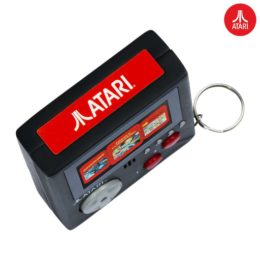 Official Atari Cartridge Console with keyring attachment, featuring a color LCD screen and iconic Atari branding for portable gaming.