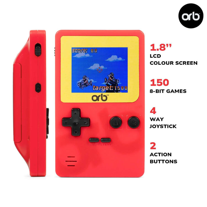 Retro Mini Handheld Games Console (150-in-1 Games) featuring a 1.8" LCD screen and red casing with joystick and action buttons.