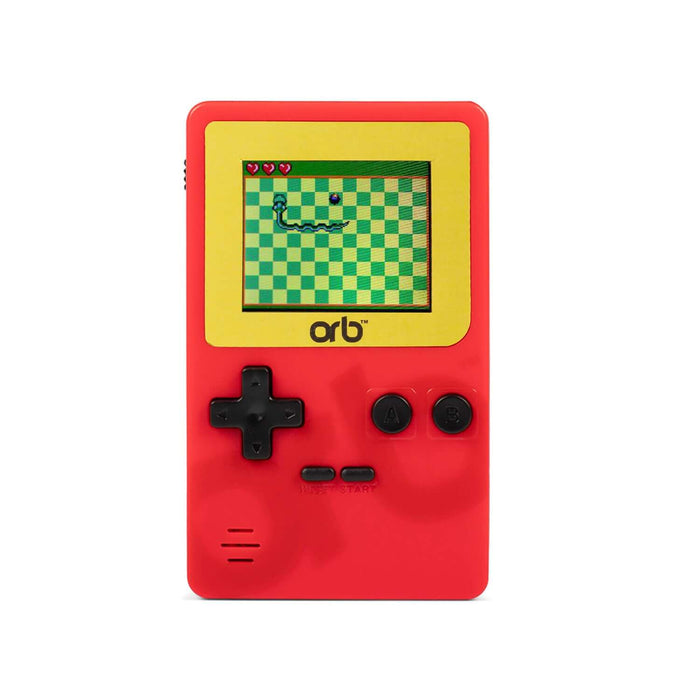 Orb - Retro Mini Handheld Games Console (150-in-1 Games) with red casing and full-color LCD screen displaying 8-bit game.