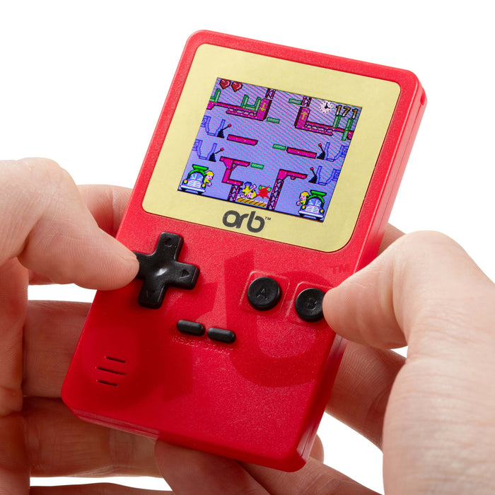 Hands holding the Orb Retro Mini Handheld Games Console showcasing its 1.8-inch color display with vibrant gameplay.