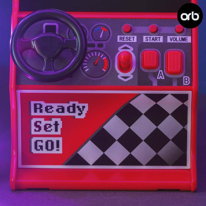 Retro Mini Arcade Racing Game with mini steering wheel and game controls featuring "Ready Set Go" text and Orb logo.