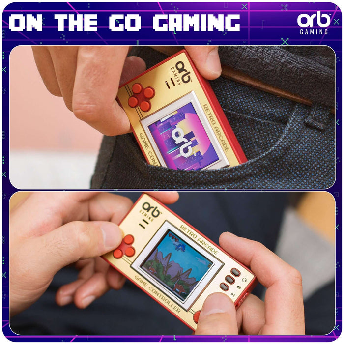 Person holding an Orb retro handheld games console, showcasing 8-bit graphics and portable design for on-the-go gaming.