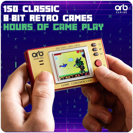 Person holding the Orb Retro Mini Handheld Games Console displaying a classic 8-bit game, features 150 retro games.