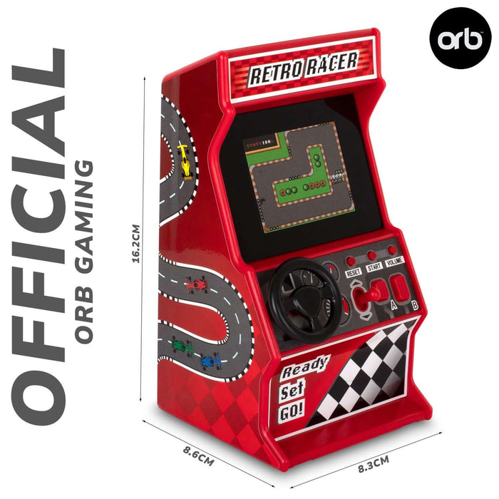Orb Retro Mini Arcade Racing Game with steering wheel and screen displaying classic 8-bit racing game