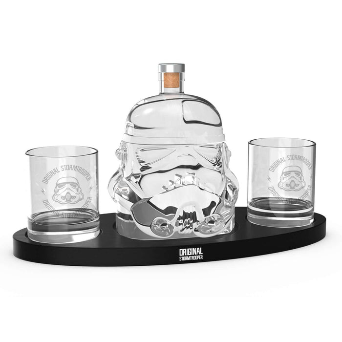 Original Stormtrooper 3D Helmet Decanter Set with Tray including two glasses and black display tray with premium soft cup grips.