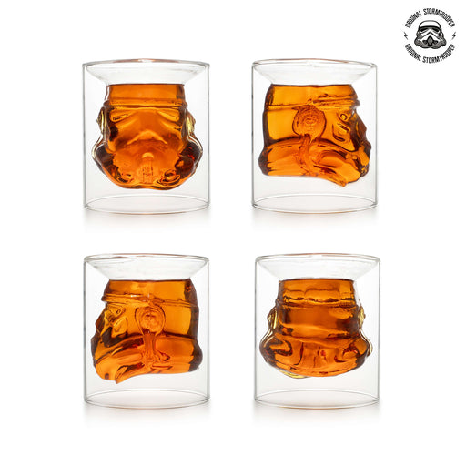 Four Original Stormtrooper 3D Inverted Whiskey Glasses filled with whiskey, each showcasing an intricately crafted Stormtrooper helmet design.