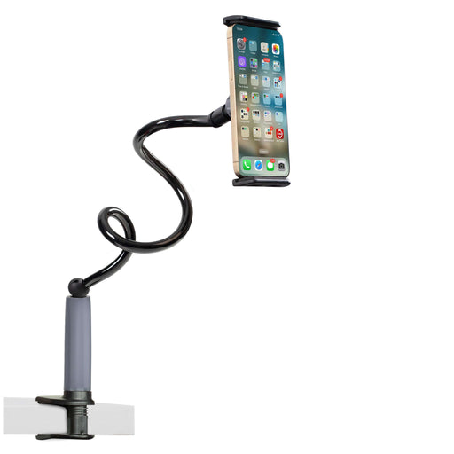 Lazy Arm II - Smartphone & Tablet Holder with flexible gooseneck arm clamped on a surface holding a smartphone.