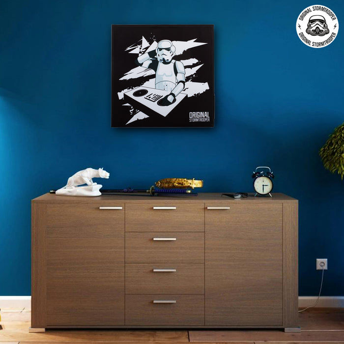 "Original Stormtrooper Bluetooth Picture Frame Speaker on wall, Star Wars design with DJ decks, high-quality sound and art."