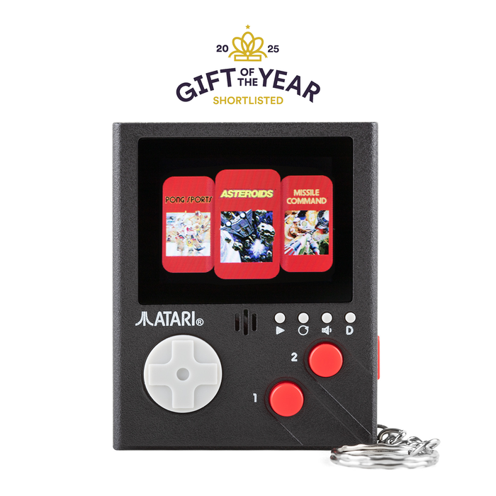 Official Atari handheld console keyring featuring iconic games: Pong Sports, Asteroids, and Missile Command.