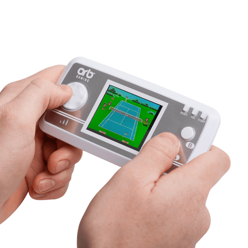 Person holding the Orb Retro Mini Handheld Games Console displaying a tennis game.