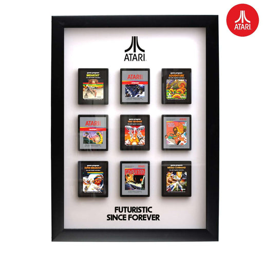 Official Atari 3D Wall Art - Cartridge Collection featuring vibrant retro game cartridges in a modern frame.