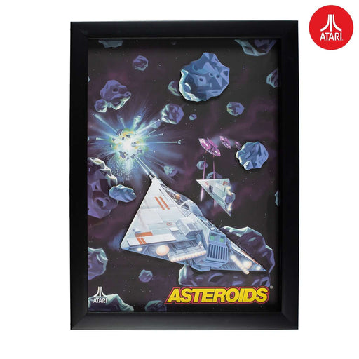 Official Atari Asteroids Collection 3D Wall Art featuring iconic gaming imagery in a stylish black frame