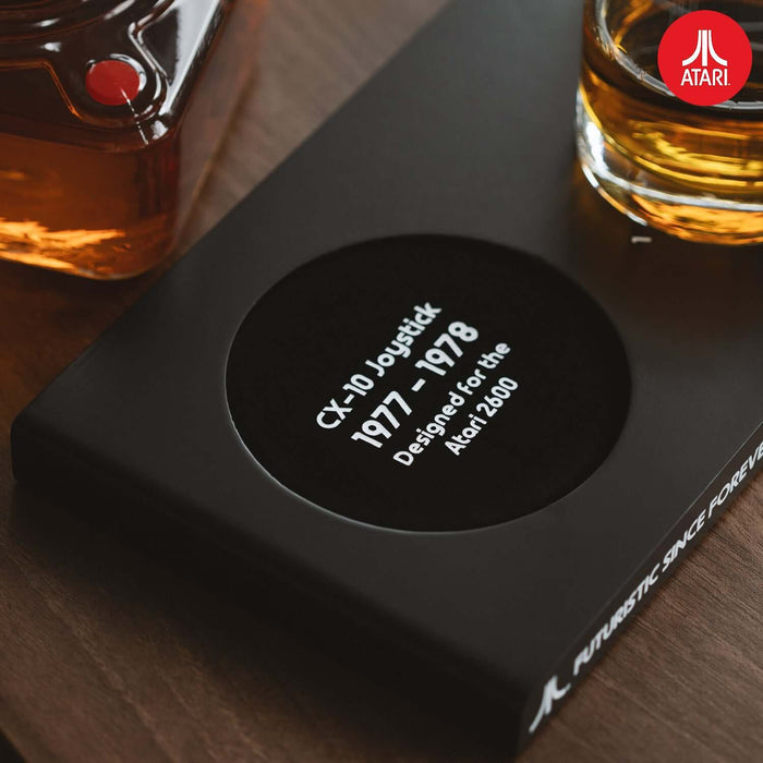 Atari CX-10 Joystick Decanter Set with Whisky Glass on Tray, Featuring Iconic Design and Engraved Atari Logo