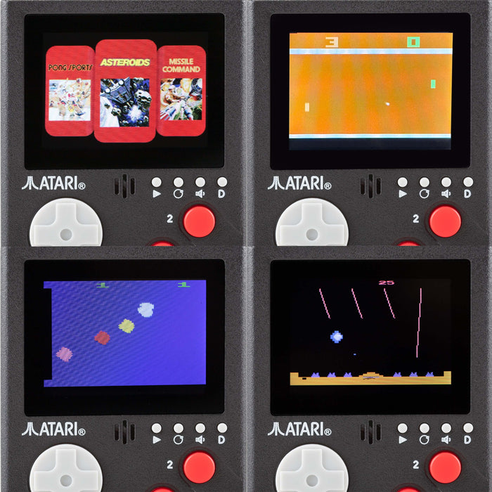 Handheld Atari console showing screens of Pong, Asteroids, and Missile Command games with keyring attachment and color LCD.