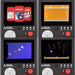 Handheld Atari console showing screens of Pong, Asteroids, and Missile Command games with keyring attachment and color LCD.